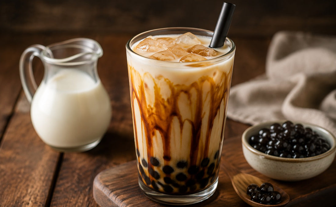 Brown sugar bubble tea with tapioca pearls in a tall glass beside a milk jug