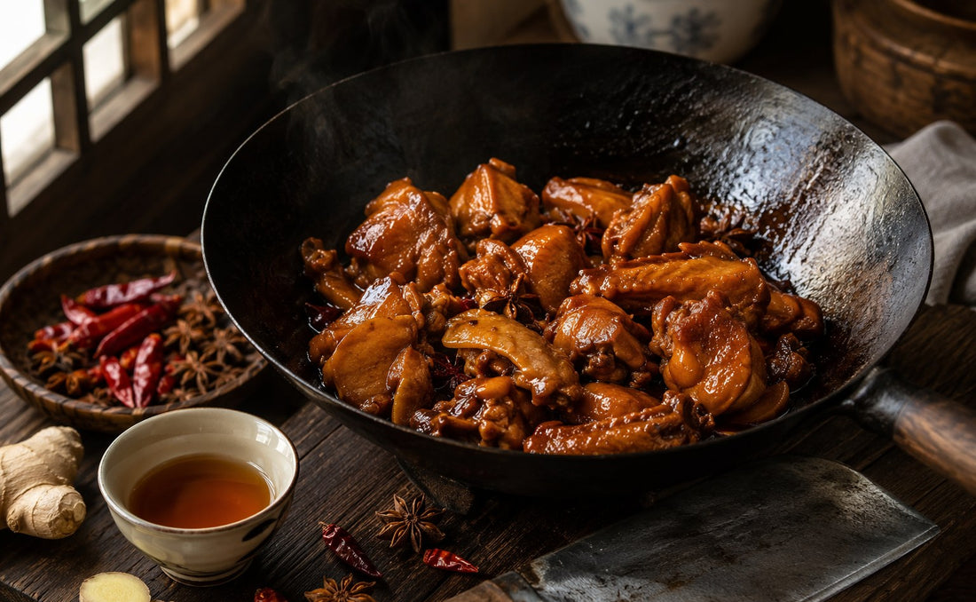 Soy-braised chicken in a wok with a cup of Shaoxing rice wine, ginger and star anise