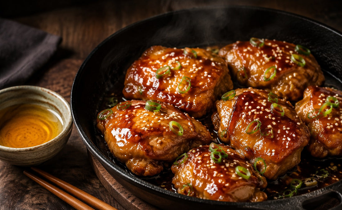 Teriyaki chicken in a cast iron pan with a small bowl of golden mirin