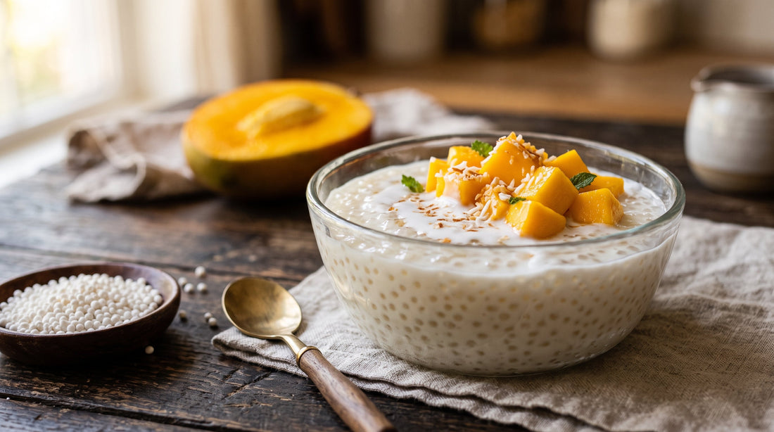 A glass bowl of coconut sago pudding topped with fresh mango, with uncooked sago pearls alongside