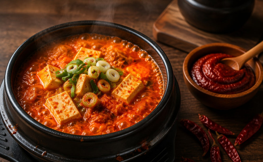 Kimchi jjigae stew in a stone pot with a bowl of gochujang chilli paste and dried chillies