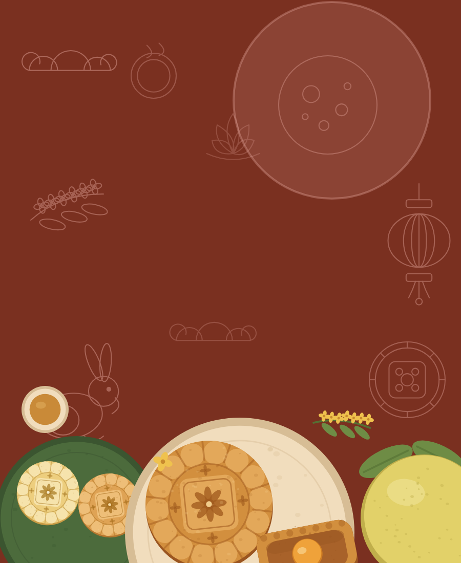 Mid-Autumn mooncake hero, mobile. Illustrated flat lay of mooncakes, tea and pomelo on maroon.