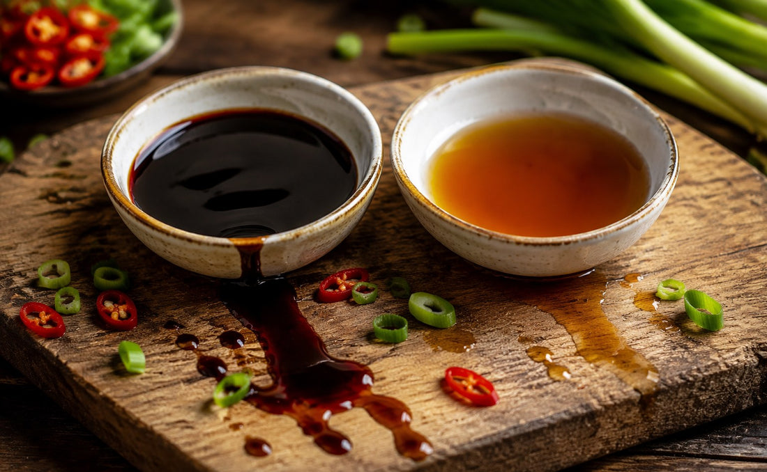 Dark soy sauce and light soy sauce in two small bowls side by side on a wooden board