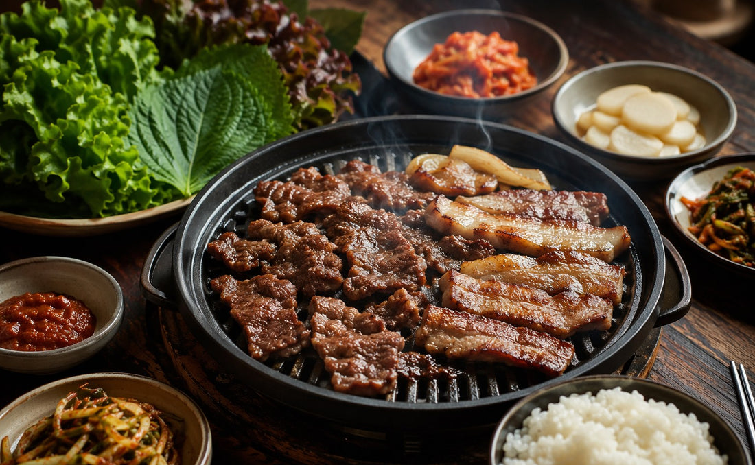 Korean BBQ spread with bulgogi and pork belly on a tabletop grill, lettuce wraps and side dishes