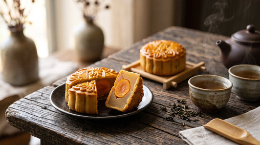 A Cantonese lotus paste mooncake cut into wedges showing the salted egg yolk centre, served with tea