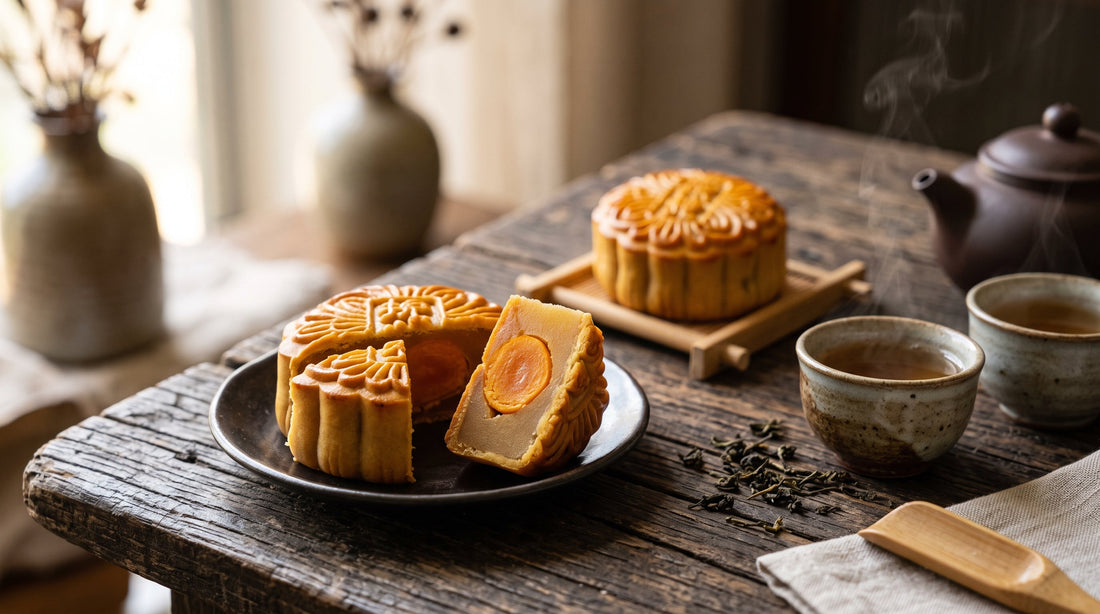 A Cantonese lotus paste mooncake cut into wedges showing the salted egg yolk centre, served with tea