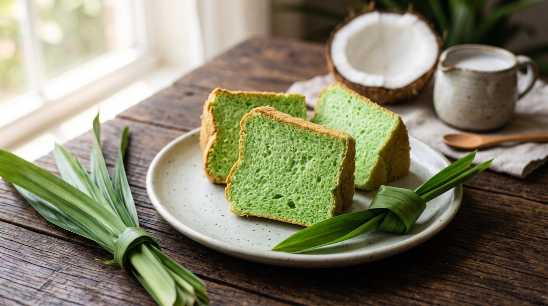 Slices of bright green pandan chiffon cake on a plate with fresh pandan leaves and coconut