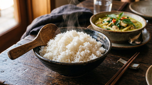 A bowl of freshly steamed Thai jasmine rice with a wooden paddle, served alongside green curry