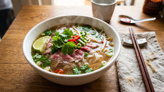 A bowl of Vietnamese beef pho with rice noodles, rare beef, coriander, bean sprouts and a lime wedge