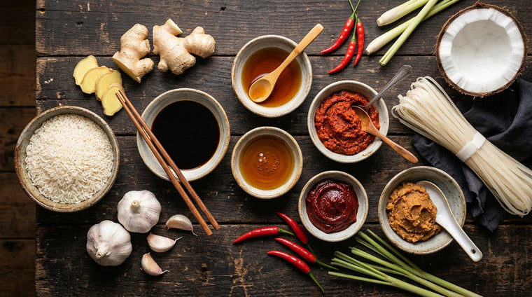 Small bowls of Asian sauces and pastes with jasmine rice, rice noodles, coconut, ginger, garlic, chillies and lemongrass