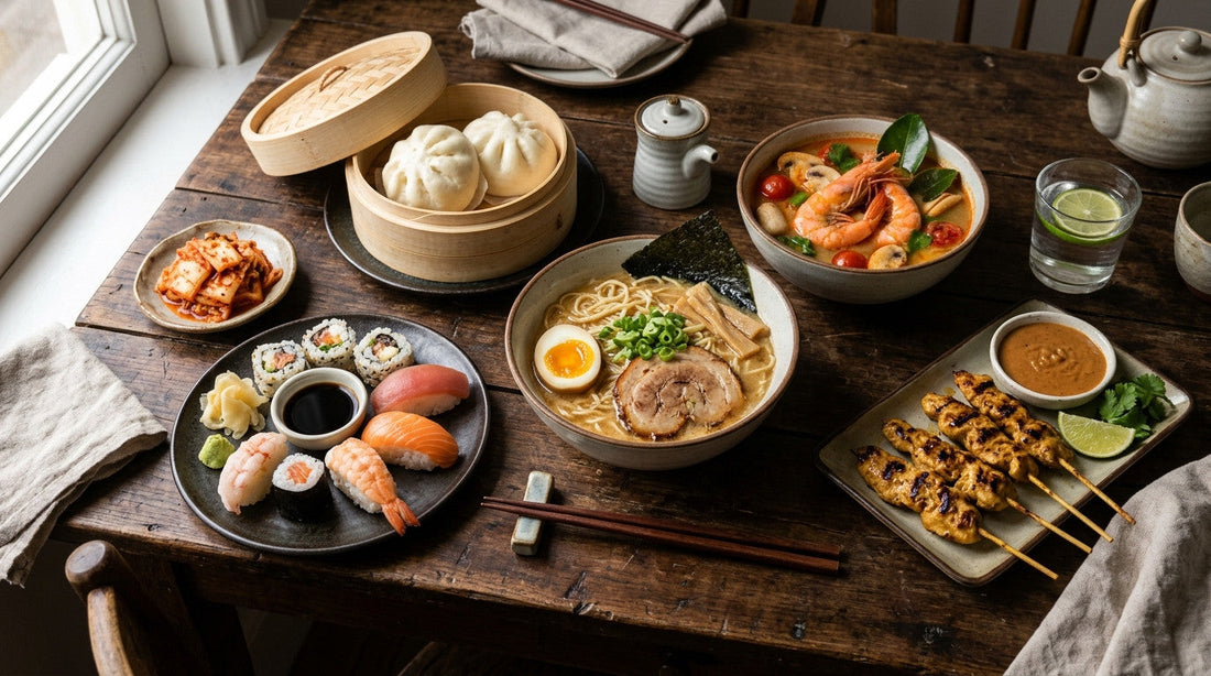 A table of Asian dishes: steamed bao, sushi, ramen with egg, tom yam with prawns, satay skewers and kimchi