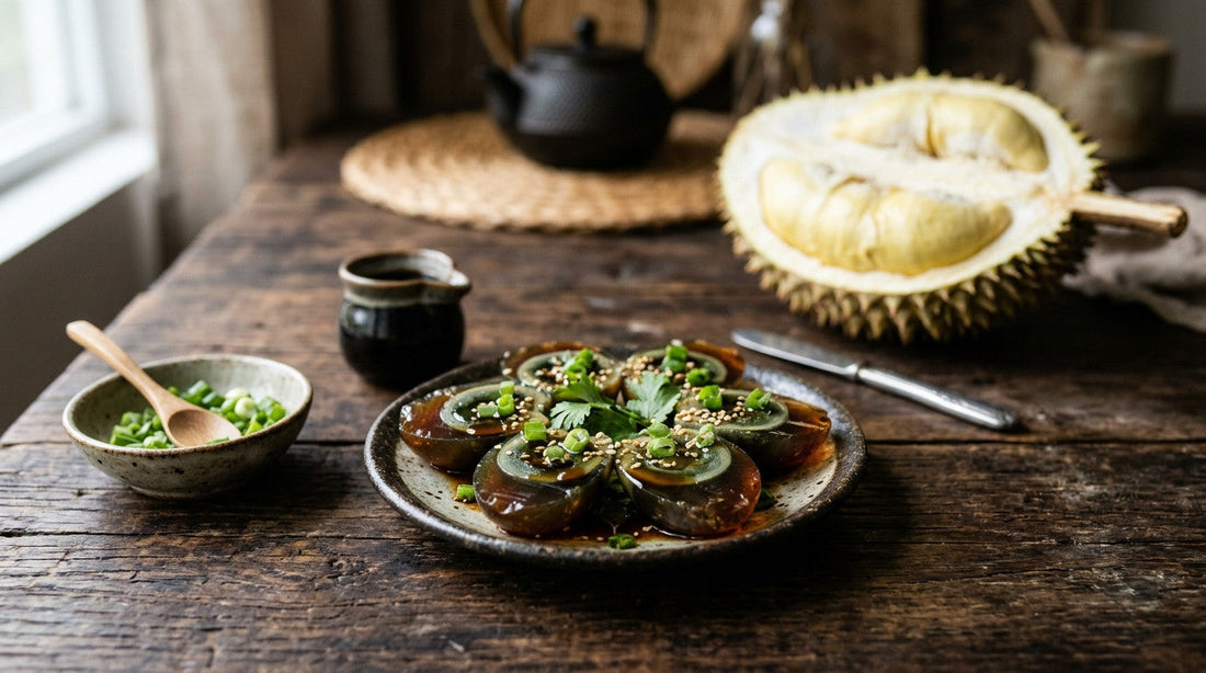 Halved century eggs topped with spring onion and sesame, with an open durian on the table behind