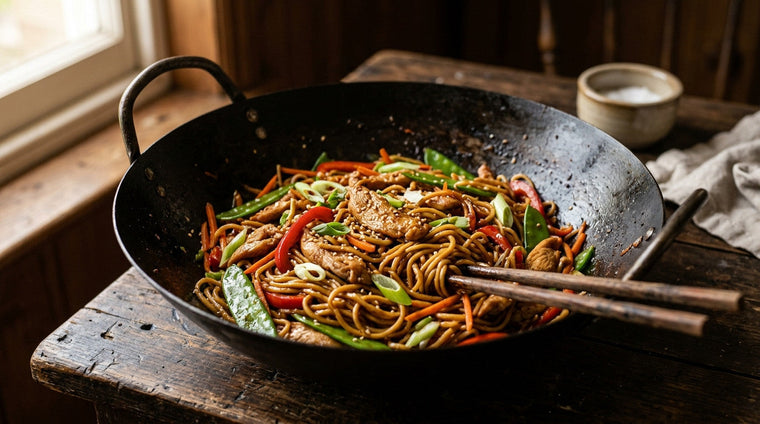 Chicken lo mein with egg noodles, red pepper, carrot, mangetout and spring onion in a black wok