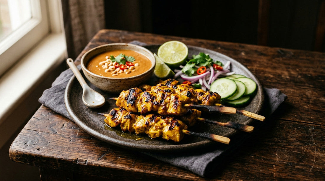 Chargrilled chicken satay skewers with peanut sauce, lime, cucumber and red onion