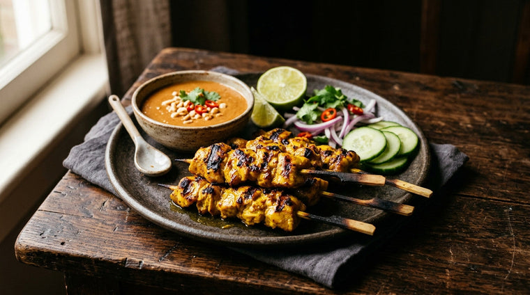 Chargrilled chicken satay skewers with peanut sauce, lime, cucumber and red onion