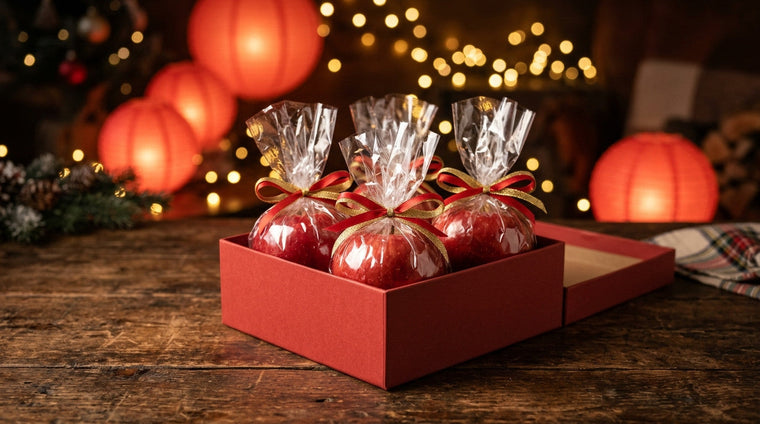 Red apples wrapped in cellophane and ribbon in a red gift box, with glowing lanterns and fairy lights behind