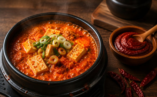Kimchi jjigae stew in a stone pot with a bowl of gochujang chilli paste and dried chillies