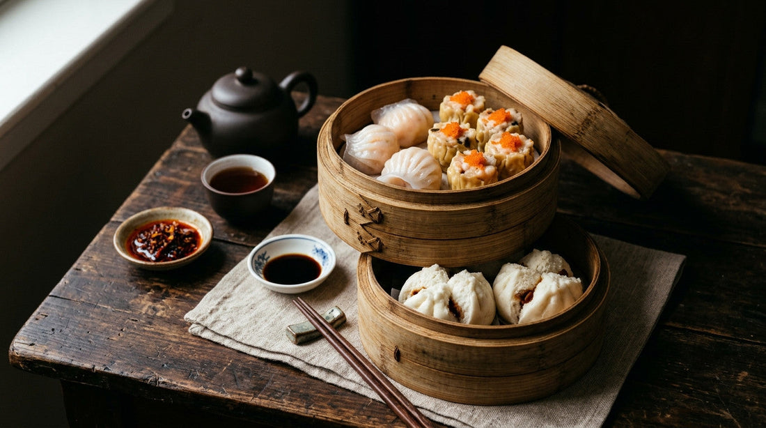 Bamboo steamers of har gow, siu mai with orange roe and char siu bao, with tea and chilli oil