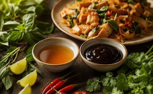 Fish sauce and oyster sauce in two bowls with lime, chillies, herbs and noodles