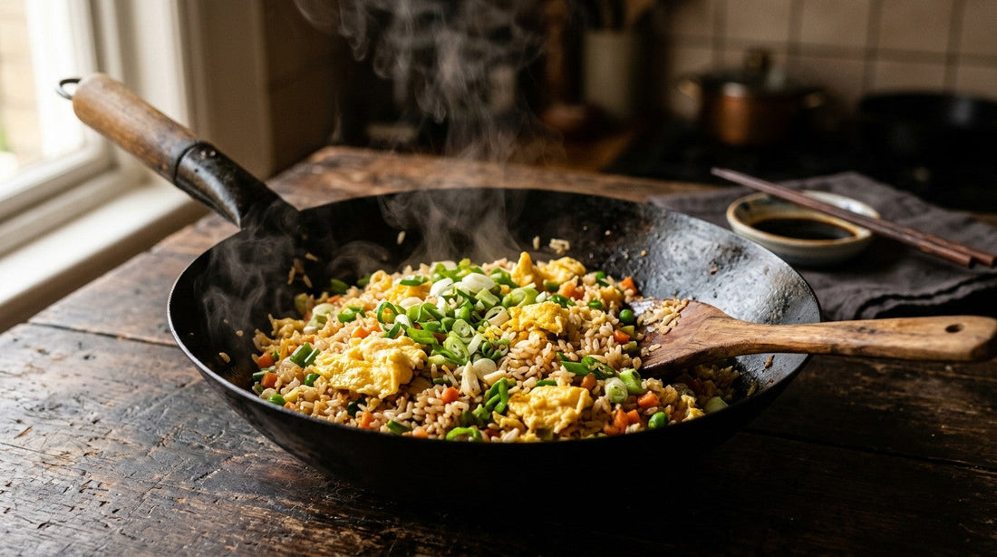 Egg fried rice with scrambled egg, spring onion, peas and carrot in a steaming black wok