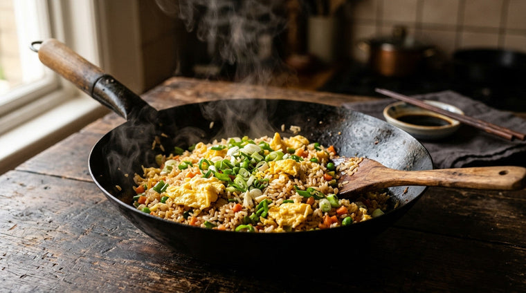 Egg fried rice with scrambled egg, spring onion, peas and carrot in a steaming black wok