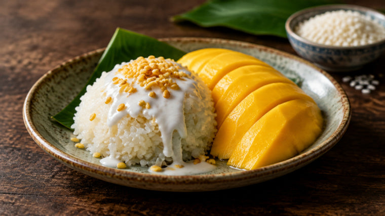 Mango sticky rice with coconut cream and toasted mung beans, beside a bowl of uncooked glutinous rice