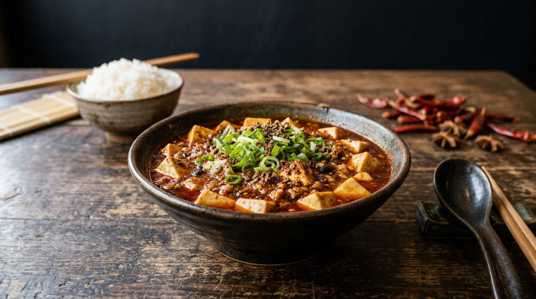 A bowl of mapo tofu in red chilli oil sauce with minced pork and spring onion, beside rice and dried chillies