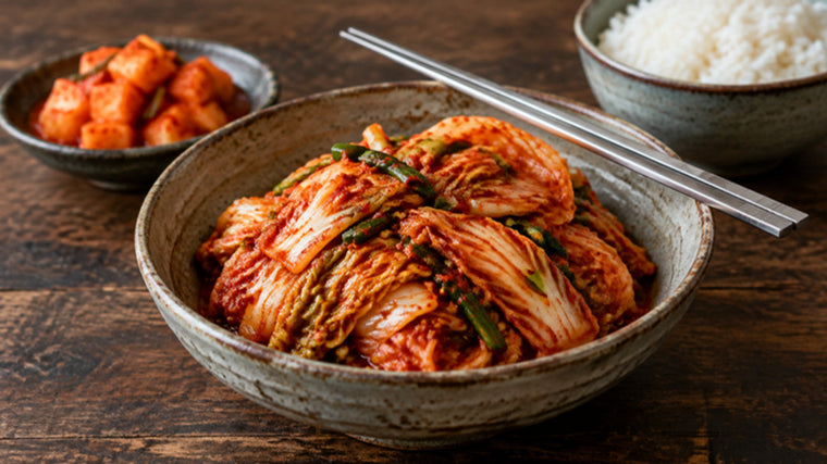 A bowl of napa cabbage kimchi with steel chopsticks, a dish of cubed radish kimchi and a bowl of rice