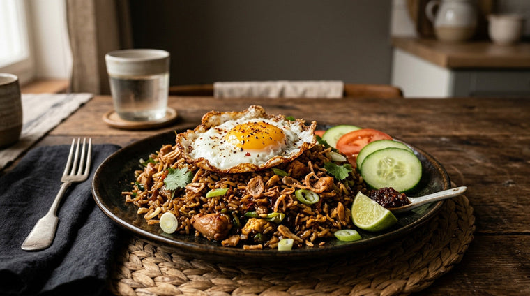 Nasi goreng topped with a crispy fried egg, with cucumber, tomato, lime and sambal on the side