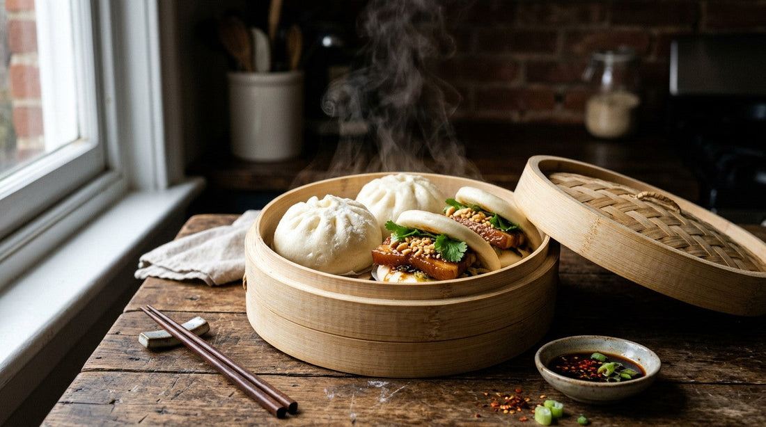 Steamed bao buns in a bamboo steamer: round baozi and gua bao filled with braised pork belly