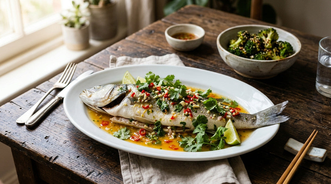 A whole steamed sea bass in a lime, chilli and garlic dressing with coriander, beside a bowl of roasted broccoli
