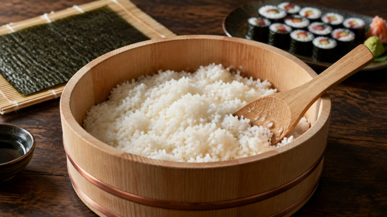 Seasoned sushi rice in a wooden hangiri tub with a rice paddle, nori on a bamboo mat and maki rolls behind