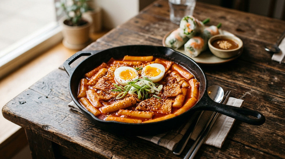 Tteokbokki rice cakes and fish cakes in red gochujang sauce with boiled eggs, beside Vietnamese summer rolls