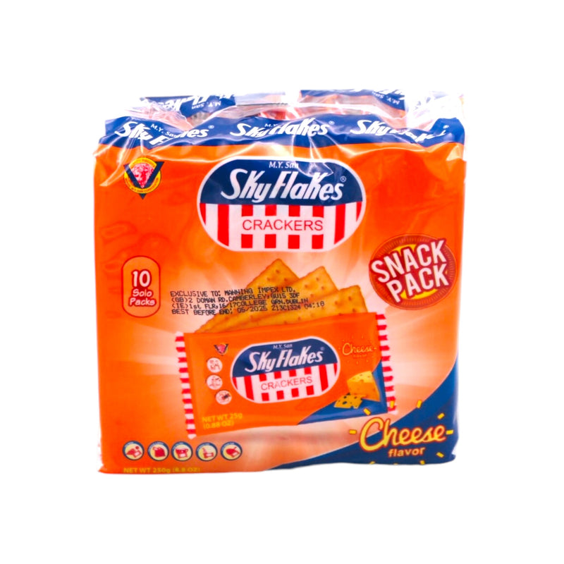Indulge in the savoury flavour of Skyflakes Crackers with a touch of cheese. Each pack contains 25g, perfect for snacking on-the-go. With a total of 10 packs, you'll have a total of 250g to enjoy. Satisfy your cravings with these delicious crackers!