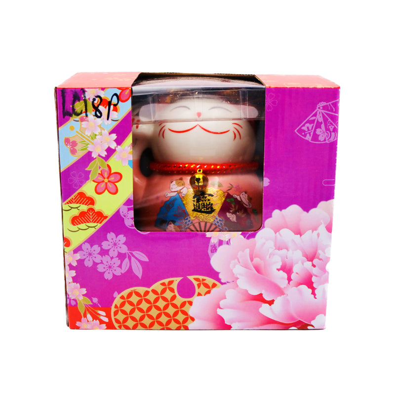 X-Large White Lucky Cat with Pink Dress (Colourful Chinese Fan design) 太陽能招財貓 18cm - Tuk Tuk Mart