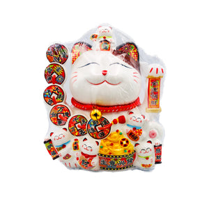 Hua Rong Sheng White Waving Lucky Cat (Red Coins & Gold ingots Basins with 'May your Business be prosperous 生意興隆' characters Design) 華榮盛招財貓 25cm - Tuk Tuk Mart