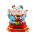 X-Large White Lucky Cat with Light Blue Dress (Red Banner with 'May your business be prosperous 生意興隆', Yellow Treasure Bags with Gold ingots design) 太陽能招財貓 18cm - Tuk Tuk Mart