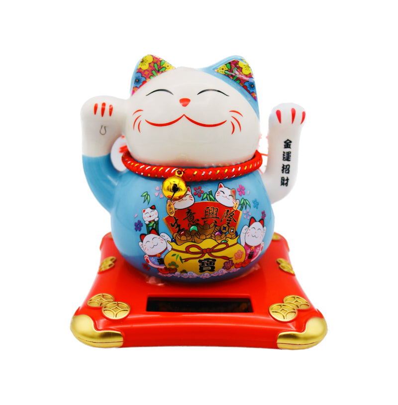 X-Large White Lucky Cat with Light Blue Dress (Red Banner with 'May your business be prosperous 生意興隆', Yellow Treasure Bags with Gold ingots design) 太陽能招財貓 18cm - Tuk Tuk Mart