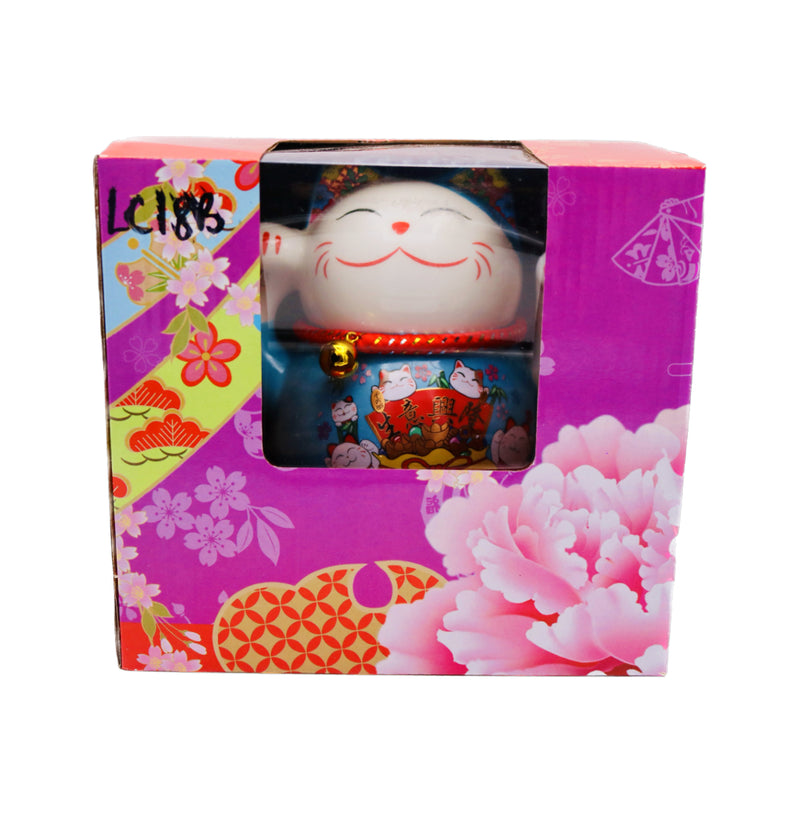 X-Large White Lucky Cat with Light Blue Dress (Red Banner with 'May your business be prosperous 生意興隆', Yellow Treasure Bags with Gold ingots design) 太陽能招財貓 18cm - Tuk Tuk Mart