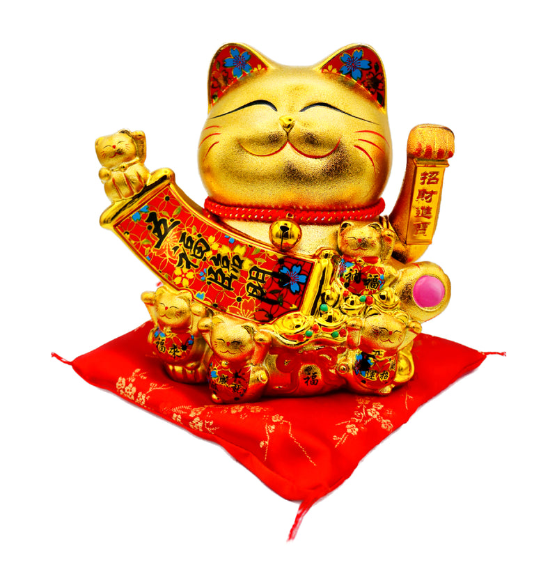 Hua Rong Sheng Golden Waving Lucky Cat (Five blessings descend upon this home 五福臨門 Design) 華榮盛招財貓 22cm - Tuk Tuk Mart