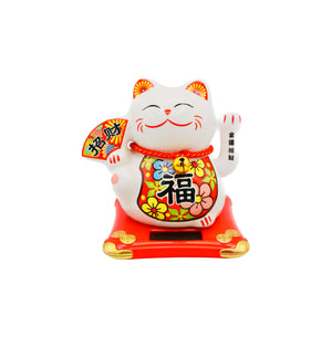 Large White Lucky Cat (Red Chinese Fan with 'Wealth bringing in 招财' & 'Fu Blessing 福' Design) 太陽能招財貓 12cm - Tuk Tuk Mart