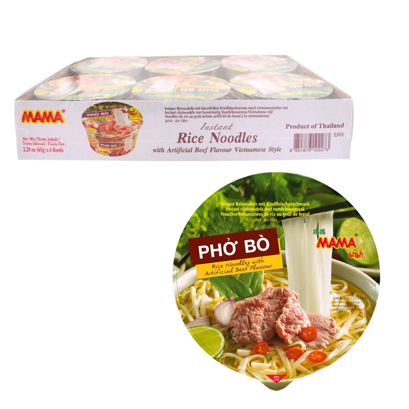 Box of MAMA Pho Bo Rice Noodles with Artificial Beef Flavour (65g*6Bowls) - Tuk Tuk Mart