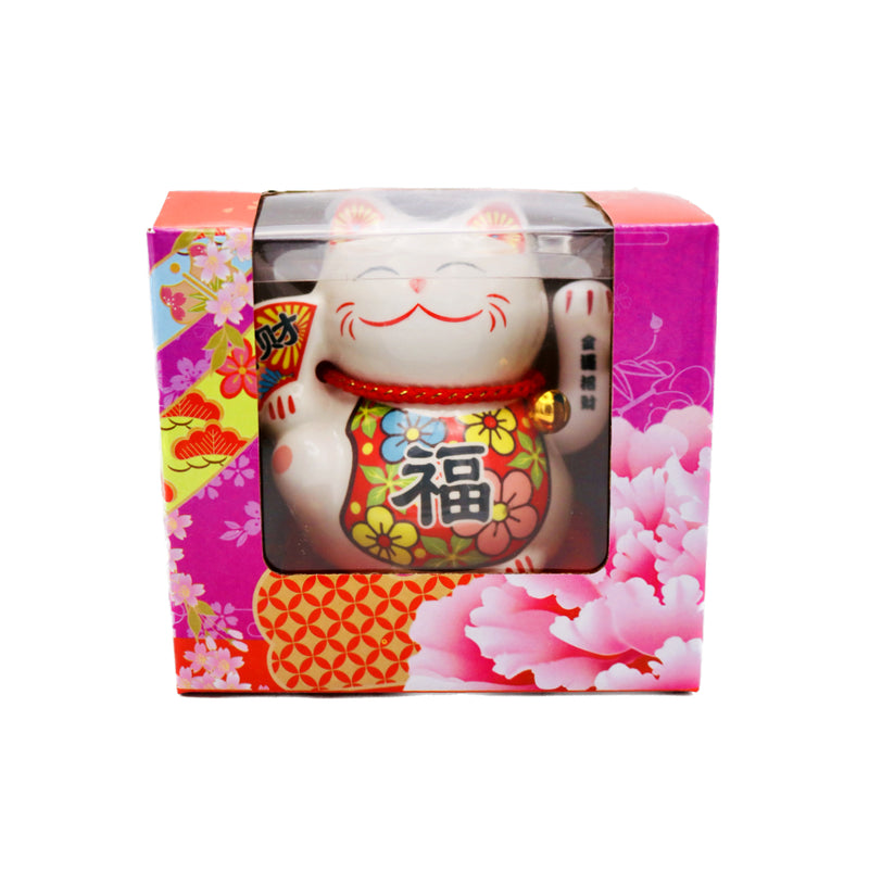 Large White Lucky Cat (Red Chinese Fan with 'Wealth bringing in 招财' & 'Fu Blessing 福' Design) 太陽能招財貓 12cm - Tuk Tuk Mart