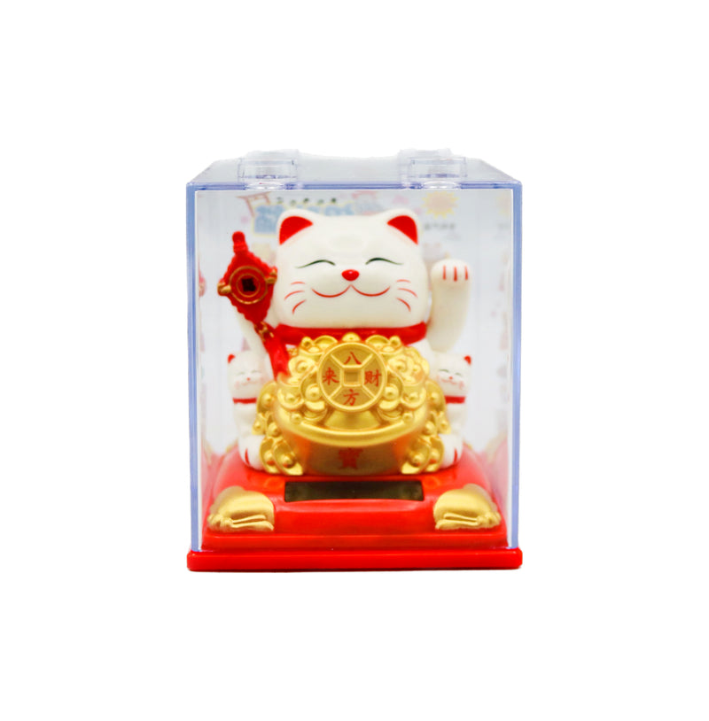 Medium White Lucky Cat (Chinese knot with 'Fu blessing 福' & Golden ingots Basin with 'Fortune comes from all quarters 八方來財'design) 太陽能招財貓 8cm - Tuk Tuk Mart