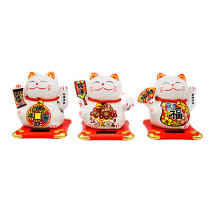 Large White Lucky Cat (Red Banner with 'May wealth flow in 財源廣進' & Red Coin with 'Wealth and treasure bringing in 招財進寶' Design) 太陽能招財貓 12cm - Tuk Tuk Mart