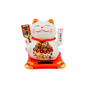 Large White Lucky Cat (Red Signboard with 'Luck bringing in 開運' Design) 太陽能招財貓 12cm - Tuk Tuk Mart