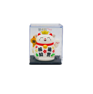 Small White Lucky Cat (Golden signboard with '財 Cai Blessing' & 'Wealth and treasures bringing in 招財進寶' design) 太陽能招財貓 5cm - Tuk Tuk Mart