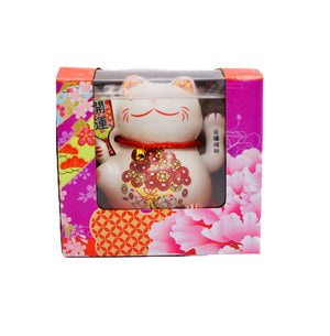 Large White Lucky Cat (Red Signboard with 'Luck bringing in 開運' Design) 太陽能招財貓 12cm - Tuk Tuk Mart