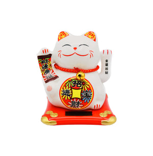 Large White Lucky Cat (Red Banner with 'May wealth flow in 財源廣進' & Red Coin with 'Wealth and treasure bringing in 招財進寶' Design) 太陽能招財貓 12cm - Tuk Tuk Mart