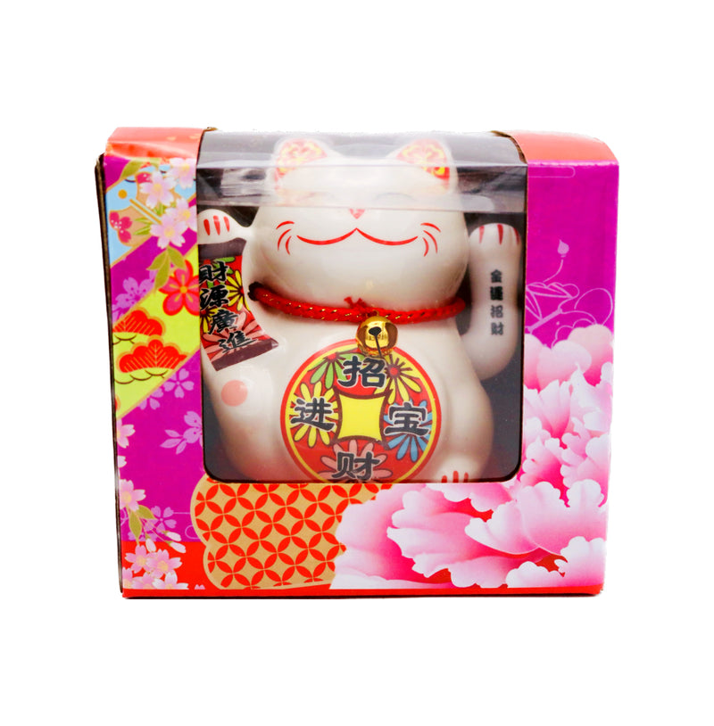 Large White Lucky Cat (Red Banner with 'May wealth flow in 財源廣進' & Red Coin with 'Wealth and treasure bringing in 招財進寶' Design) 太陽能招財貓 12cm - Tuk Tuk Mart